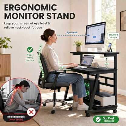 Rolling Computer Desk, 39.4 Inch Small Desks for Little Space, Portable Small Computer Desk with Monitor Stand & 3-Tier Storage, Portable Desk on Wheels for Writing.