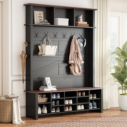 4-in-1 Hall Tree with Bench and Shoe Storage, Practical Walnut Entryway Bench with Coat Rack, Storage Shelves, 13 Shoe Cubbies, Adjustable Shelves, and 6 Hooks for Entryway, Hallway, Black