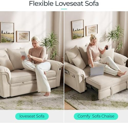 LINSY HOME Sectional Couch with Pull Out Bed, Large Corduroy Modular Loveseat Sleeper Sofa, Wide Armrest, 62" 2 Seats Sectional Couch for Living Room, Beige