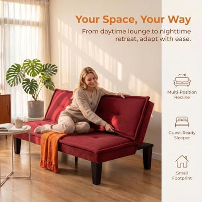 Convertible Futon Sofa Bed, Small Futon Couch with 5-Position Adjustable Backrest, Modern Sofa Bed for Small Spaces, Living Room, Bedroom, Apartment, Dark Red