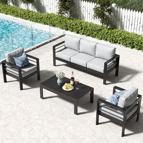 LayinSun Aluminum Patio Couch Sofa, All-Weather Metal Modern 3 Seater Outdoor Sofa with 5" Thick Cushion