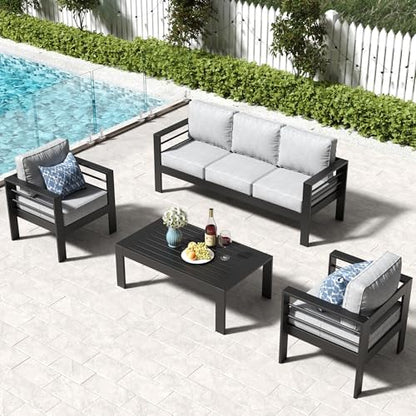 LayinSun Aluminum Patio Couch Sofa, All-Weather Metal Modern 3 Seater Outdoor Sofa with 5" Thick Cushion