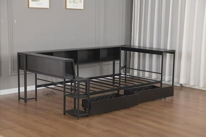 Bellemave Twin Corner Bed Frame with Desk and Storage, Twin Size cornner Bed with Charging Station and LED Light, Wood Daybeds with L-Shaped Bookcase, Black
