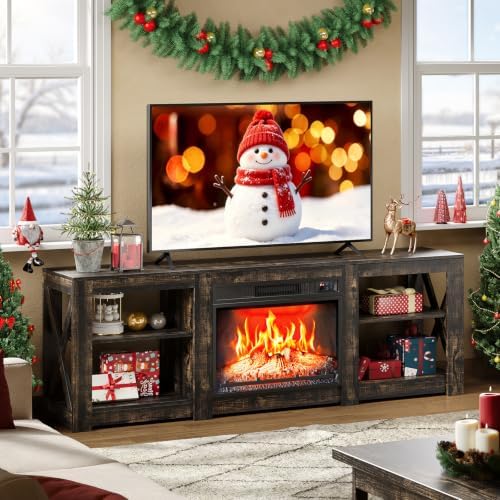VINGLI 70" Fireplace TV Stand for up to 80 inch TVs, Dark Rustic Oak