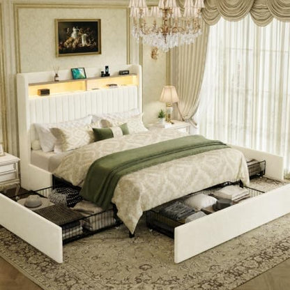 SHA CERLIN Queen Upholstered Platform Bed Frame with 3 Spacious Storage Drawers, Built-in LED Lights & Charging Station, Vertical Tufted Headboard with Shelf, No Box Spring Needed, Chenille White