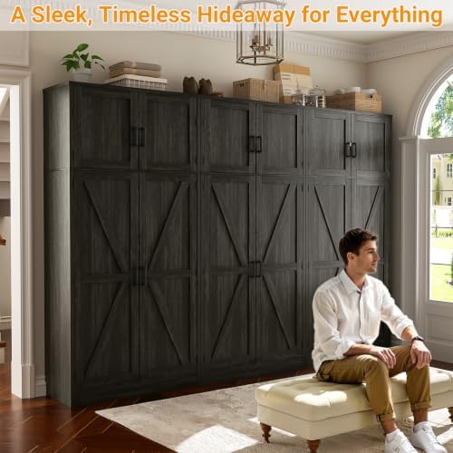 Unikito 71” Tall Storage Cabinet, Farmhouse Kitchen Pantry Storage Cabinet with Adjustable Shelves and Barn Doors, Versatile Storage Cupboard for Dinning Room, Bathroom, Living Room, Black Oak, 2 Pack