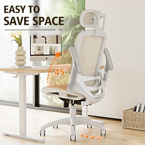 GABRYLLY Ergonomic Office Chair, High Back Home Desk Chair with 2D Flip-Up Arms, 3D Headrest, 90-120° Tilt and Wide Cushion, Big and Tall Mesh Chairs for Man Woman, Computer Task Chair Beige