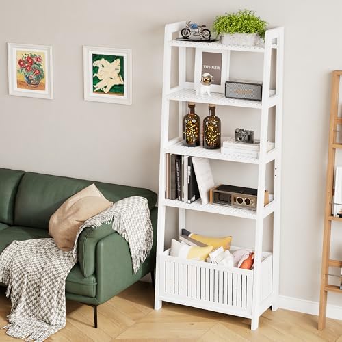 Bamboo White Bookshelf with Slatted Basket, Ladder Bookcase with 4 Display Shelves and 1 Open Storage Basket, Multifunctional Storage Rack Organizer for Home Office, Bedroom, Living Room, 66” H