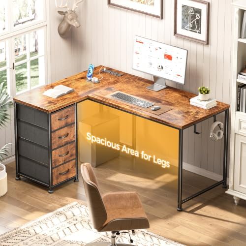 Korfile 43 Inch L Shaped Computer Desk with Power Outlets, Rustic Brown