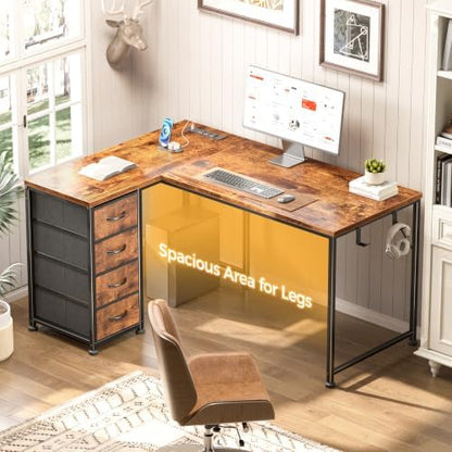 Korfile 43 Inch L Shaped Computer Desk with Power Outlets, Rustic Brown