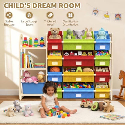 Storage Organizer with 12 Bins and Bookshelf, 47.4-Inch Wide Bookcase for Bedroom, Living Room, or Family Room