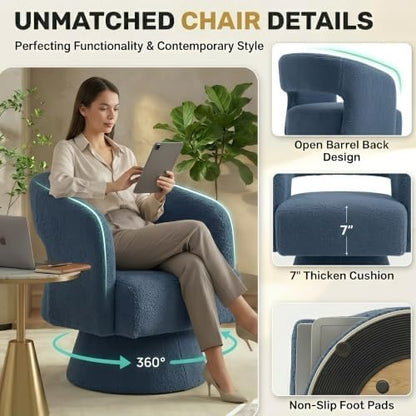 Swivel Accent Chair Set of 4,Mid-Century Barrel Chair(Blue-teddy Fabric)