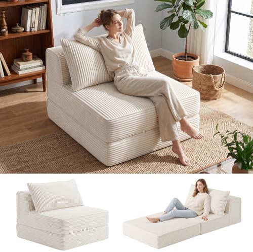 Oversized Corduroy Folding Sofa Bed with Pillow,Convertible Foam Futon Floor Lounge Chair,Single Size Fold‑Out Sleeper Couch,No Assembly for Bedroom,Reading Nook, Studio,Beige