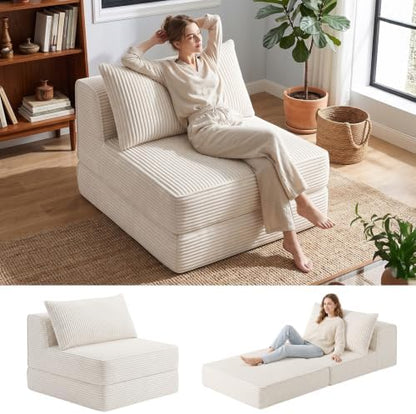 Oversized Corduroy Folding Sofa Bed with Pillow,Convertible Foam Futon Floor Lounge Chair,Single Size Fold‑Out Sleeper Couch,No Assembly for Bedroom,Reading Nook, Studio,Beige