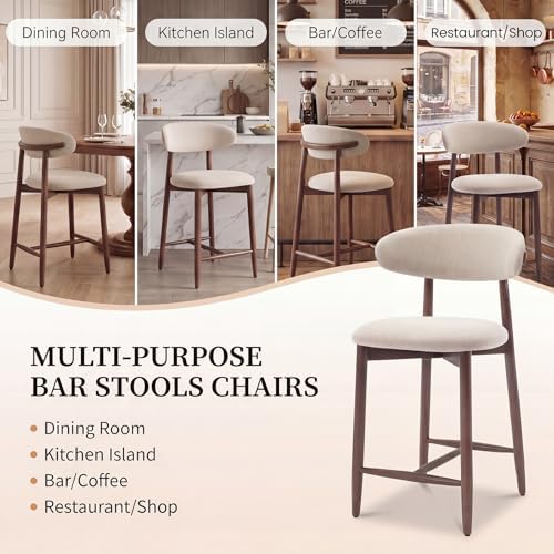 MALOL Counter Height Bar Stools Set of 3, Kitchen Bar Stools with Back, Mid Century Modern Upholstered Barstools with Wood Legs for Kitchen Island Dining Room, Beige