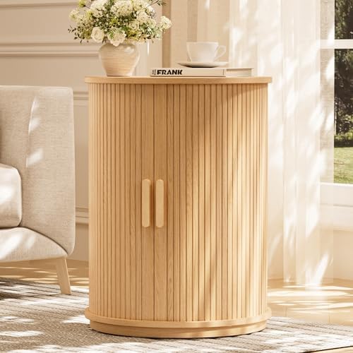Side Table with Storage for Living Room, Round End Table with Sliding Tambour Door, Wood Night Stand Nightstand Bedside Table for Bedroom, Small Round Side Table, Mid Century Modern, Light Oak