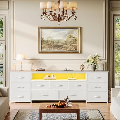 Huuger 70 Inch TV Stand for 75, 80 Inch TV, 11 Drawer Long Dresser with Power Outlets and LED Lights, Entertainment Center with Storage, White Dresser with PU Leather Surface