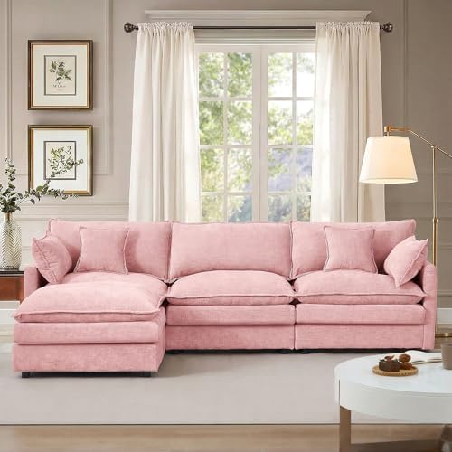 Modern 102" L Shaped Sectional Sofa Cloud Couch, Modern Chenille Comfy Modular Sleeper Sofa, Upholstery Sofa with Ottoman & Memory Foam for Living Room, Pink