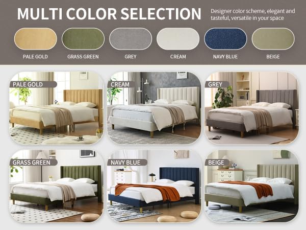 YUHUASHI Full Bed Frame，Platform Bed with Upholstered Headboard，Beige