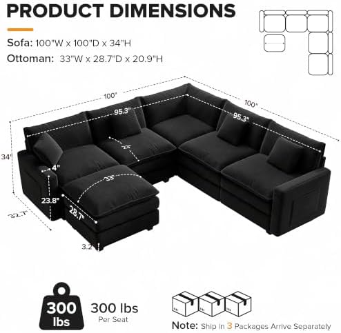 Modular Sectional Sofa with Ottoman & Corner Section, Comfy Cloud Couch