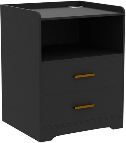 dnbss Black LED Nightstand with Charging Station, Modern Night Stands with 24-Color RGB LED Lights, Smart Lighted Black Bedside Table with 2 Drawers for Bedroom