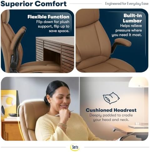 Serta Big and Tall Office Chair with Lumbar Support, Flip Arm Leather Chair