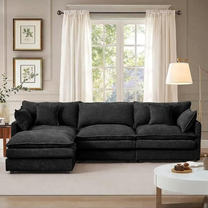 Modern 102" L Shaped Sectional Sofa Cloud Couch, Modern Chenille Comfy Modular Sleeper Sofa, Upholstery Sofa with Ottoman & Memory Foam for Living Room, Black