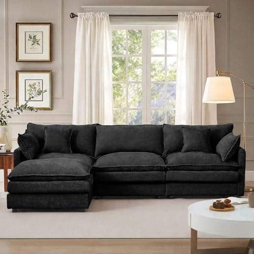 Modern 102" L Shaped Sectional Sofa Cloud Couch, Modern Chenille Comfy Modular Sleeper Sofa, Upholstery Sofa with Ottoman & Memory Foam for Living Room, Black