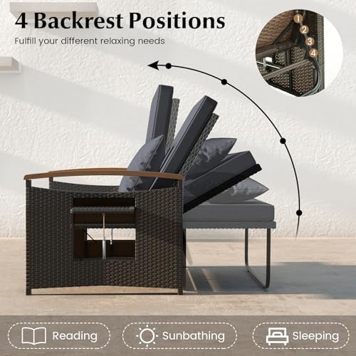 LDAILY Moccha Outdoor Wicker Daybed, Patio Rattan Loveseat Sofa w/ 4-Level Adjustable Backrest, Folding Panels, Storage Ottoman & Cushions, Lounge Furniture Set for Poolside Backyard Porch (Grey)