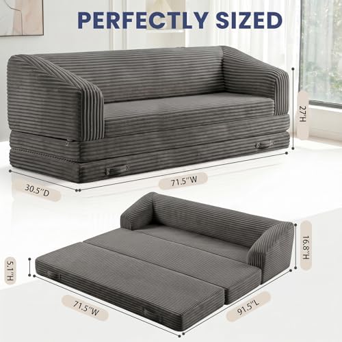 70” Folding Sofa Bed, 3-in-1 Convertible Triple Floor Couch Bed with Corduroy Extra-Thick Backrest & Carry Handle, Boneless Chair Bed Foldable Sleeper Couch for Family Room, Home, Overnight Guest