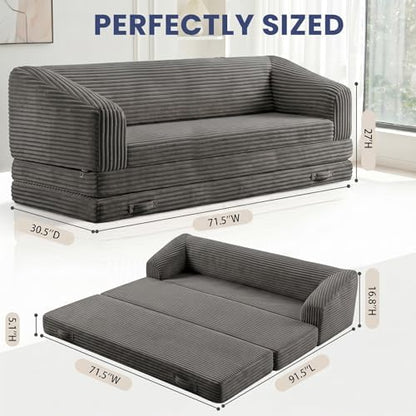 70” Folding Sofa Bed, 3-in-1 Convertible Triple Floor Couch Bed with Corduroy Extra-Thick Backrest & Carry Handle, Boneless Chair Bed Foldable Sleeper Couch for Family Room, Home, Overnight Guest