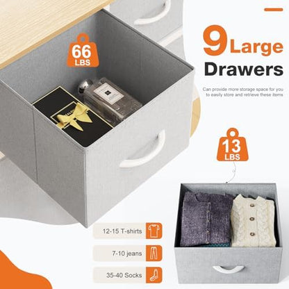 Sweetcrispy 9 Drawer Fabric Dresser Storage Tower Organizer, Light Grey
