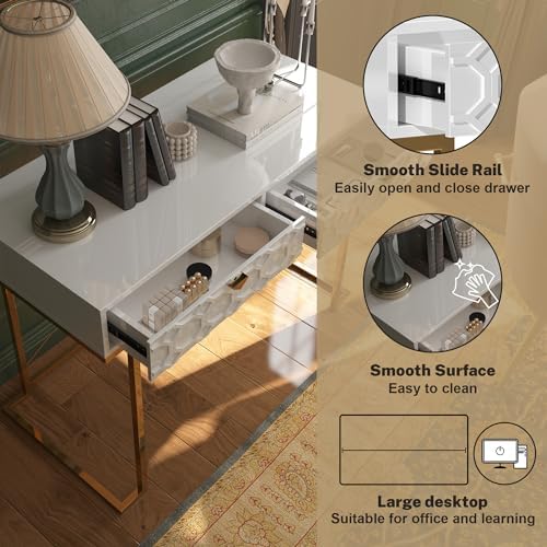 Clihome Console Table with 2 Drawers, 42'' Entryway Table with Storage, Desktop Sofa Table Hallway with Golden Legs and X-Shaped Bracket
