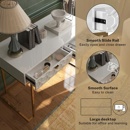 Clihome Console Table with 2 Drawers, 42'' Entryway Table with Storage, Desktop Sofa Table Hallway with Golden Legs and X-Shaped Bracket