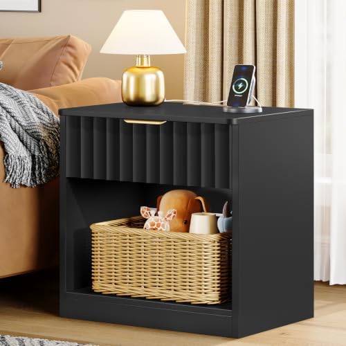 Fluted Nightstands Set of 2, Night Stand with Charging Station and LED Light, Nightstand with Storage Drawer and Open Shelf, Bedside Table for Small Space, Bedroom, Black
