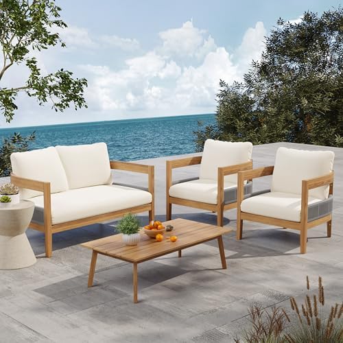 Merax 4 Piece Patio Outdoor Furniture Set, All-Weather Acacia Wood Curved Loveseat Sofa, 2 Club Armchairs with Cushions,1 Coffee Table, Conversation Set for Backyard Deck Poolside, Teak+ Beige