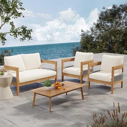 Merax 4 Piece Patio Outdoor Furniture Set, All-Weather Acacia Wood Curved Loveseat Sofa, 2 Club Armchairs with Cushions,1 Coffee Table, Conversation Set for Backyard Deck Poolside, Teak+ Beige