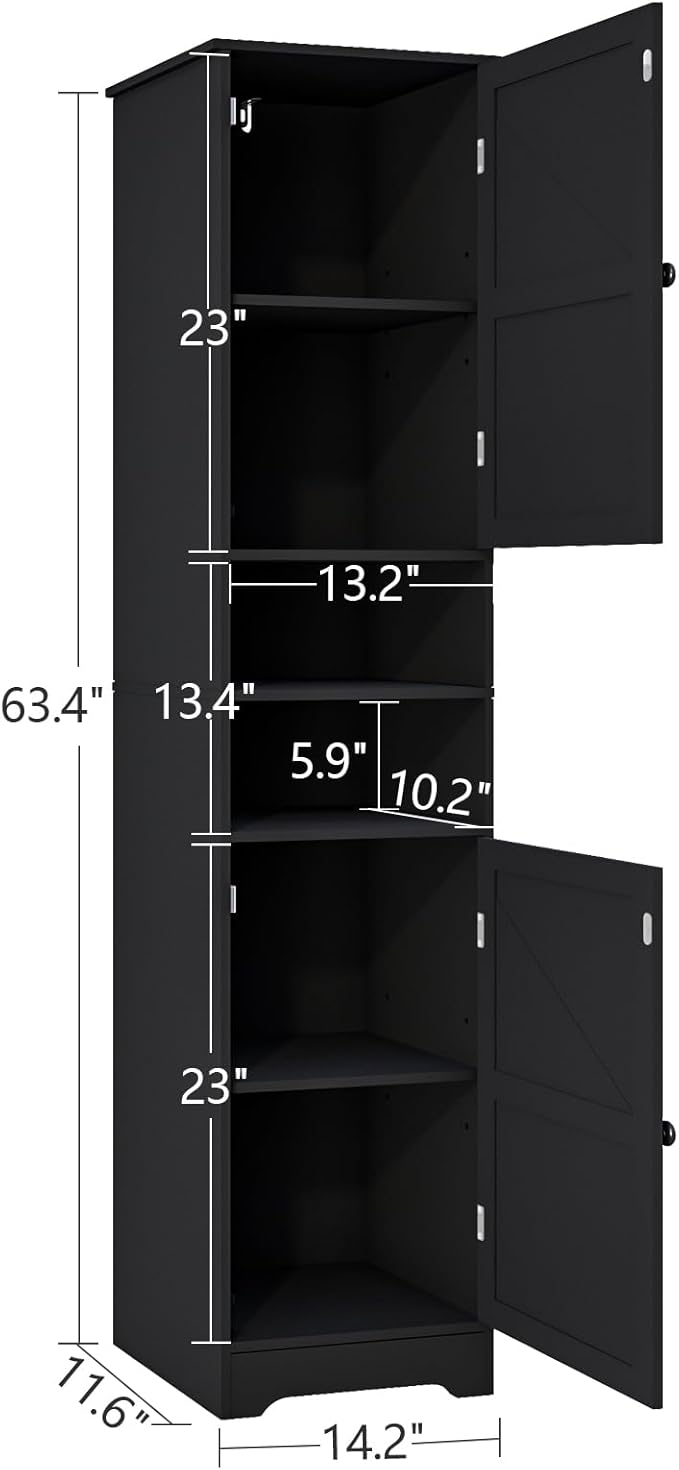 Viaozutis Tall Bathroom Storage Cabinet, Slim Freestanding Cabinet with Adjustable Shelves, Vertical Storage Organizer for Small Bathrooms, Toilet Paper & Daily Essentials Storage Black
