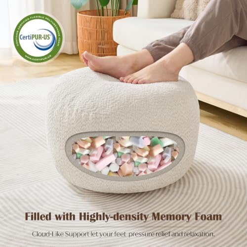 Round Ottoman,Chenille Pouf Foot Rest,Beige,20x15 in