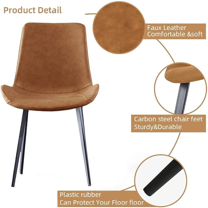 HIPIHOM Dining Chairs Set of 4, Modern Kitchen & Dining Room Chairs, Upholstered Faux Leather Cushion Seat and Sturdy Metal Legs (4 Brown Chairs)