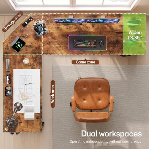 DurayLoly 62“ L Shaped Gaming Desk with Power Strip,3 Drawers&Side Hooks