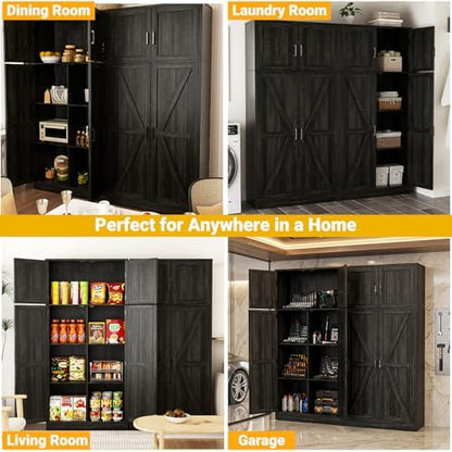 Unikito 71” Tall Storage Cabinet, Farmhouse Kitchen Pantry Storage Cabinet with Adjustable Shelves and Barn Doors, Versatile Storage Cupboard for Dinning Room, Bathroom, Living Room, Black Oak, 2 Pack