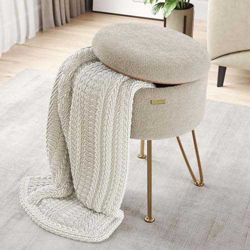 Round Ottoman with Storage, Boucle Storage Ottoman, Foot Stool Ottomans, Makeup Vanity Stool, Small Ottomans Foot Rest, Modern Vanity Stools for Living Room and Bedroom, Beige