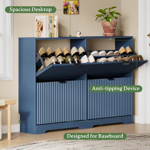Shoe Storage Cabinet for Entryway with 4 Flip Drawers, Hidden Slim Wood Shoe Organizer with Modern Fluted Panel, Freestanding Narrow Shoe Rack for Front Door Entrance, Hallway, Foyer, Blue