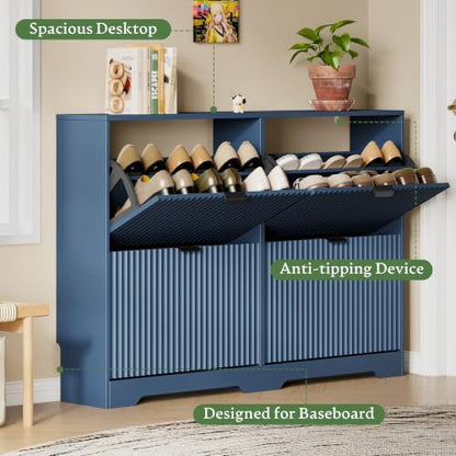 Shoe Storage Cabinet for Entryway with 4 Flip Drawers, Hidden Slim Wood Shoe Organizer with Modern Fluted Panel, Freestanding Narrow Shoe Rack for Front Door Entrance, Hallway, Foyer, Blue