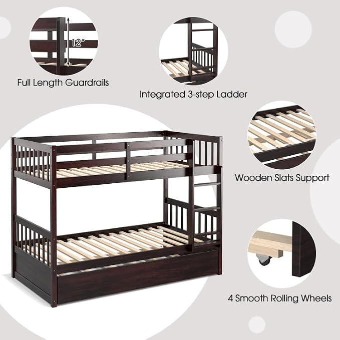 NAFORT Twin Over Full Bunk Bed with Trundle, Solid Wood Bunk Bed Frame, Ladder & Guardrails, Converts to 2 Platform Beds for Kids/Teens/Guests (Espresso, Twin Over Twin with Trundle)