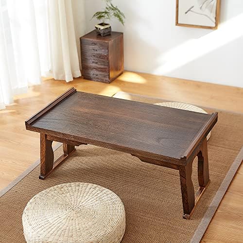 Foldable Wooden Laptop Desk, Breakfast in Bed Serving Tray, Japanese Floor Table for Tea & Coffee, Portable Antique Meditation Altar(26.8”x13.4”x11.4”)