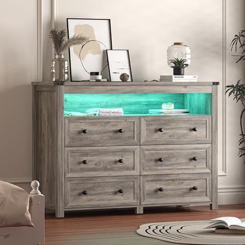 Dresser for Bedroom with 6 Drawers, LED Lights, Power Outlet, Grey