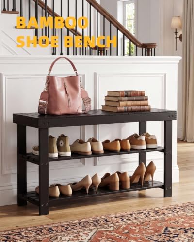 SMIBUY Bamboo Shoe Rack Bench, 3-Tier Shoe Organizer Storage Shelf for Entryway Hallway Bathroom Living Room (Black)