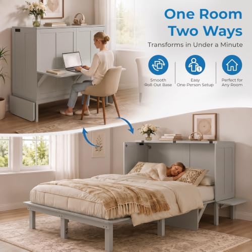 Mjkone Queen Murphy Bed with Desk and Mattress, Dark Grey
